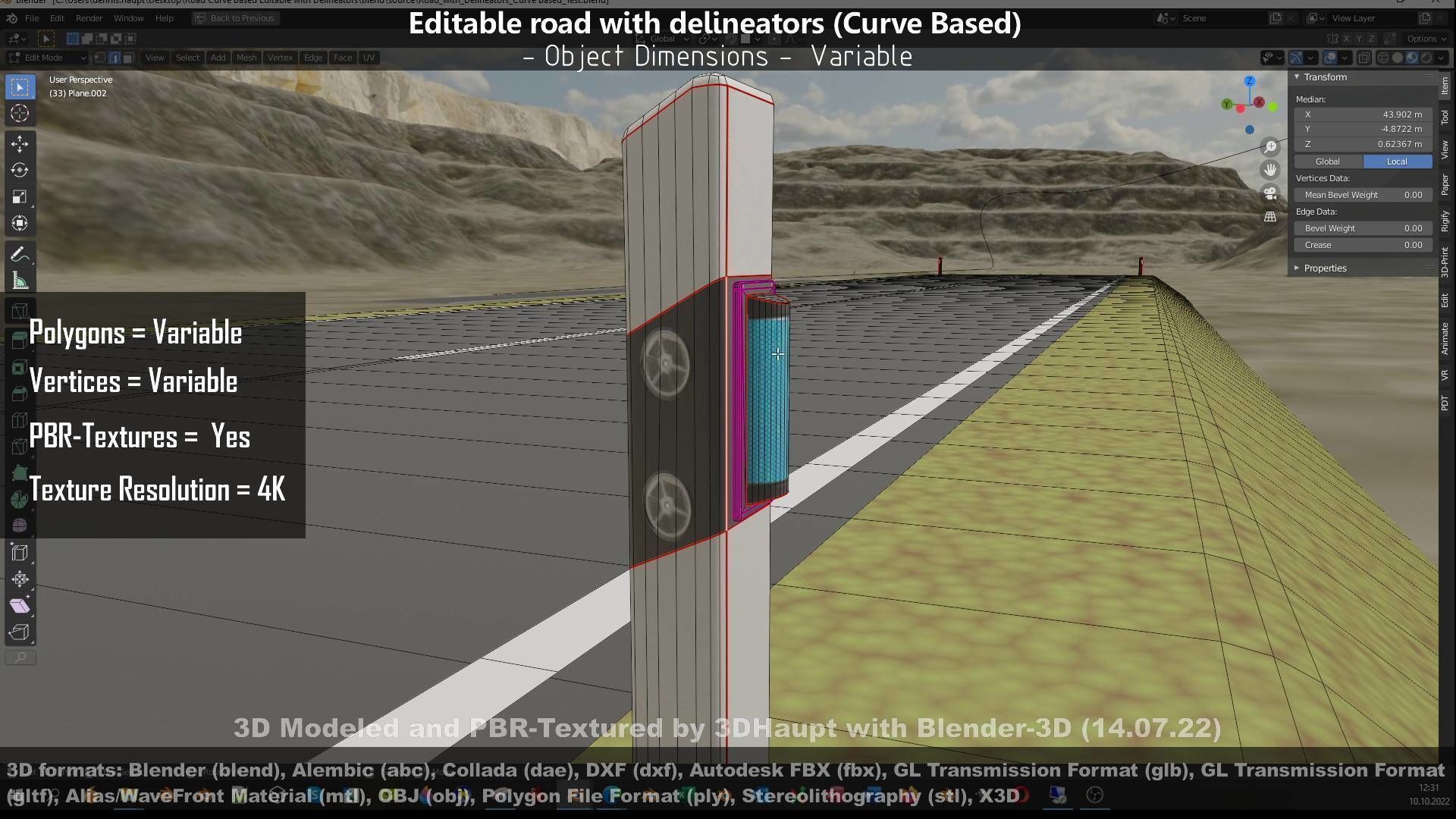 Editable Road with Delineators - Curve Based Low-poly 3D model_49