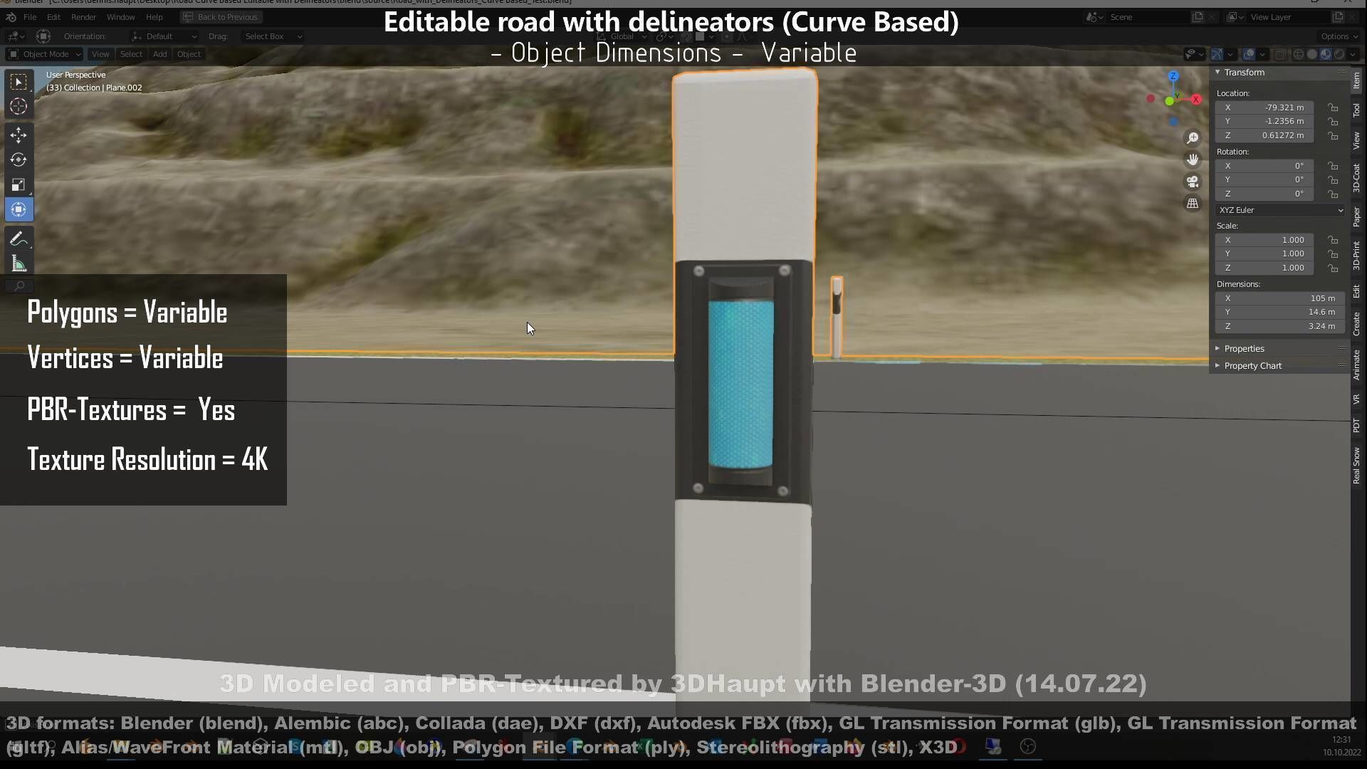 Editable Road with Delineators - Curve Based Low-poly 3D model_17