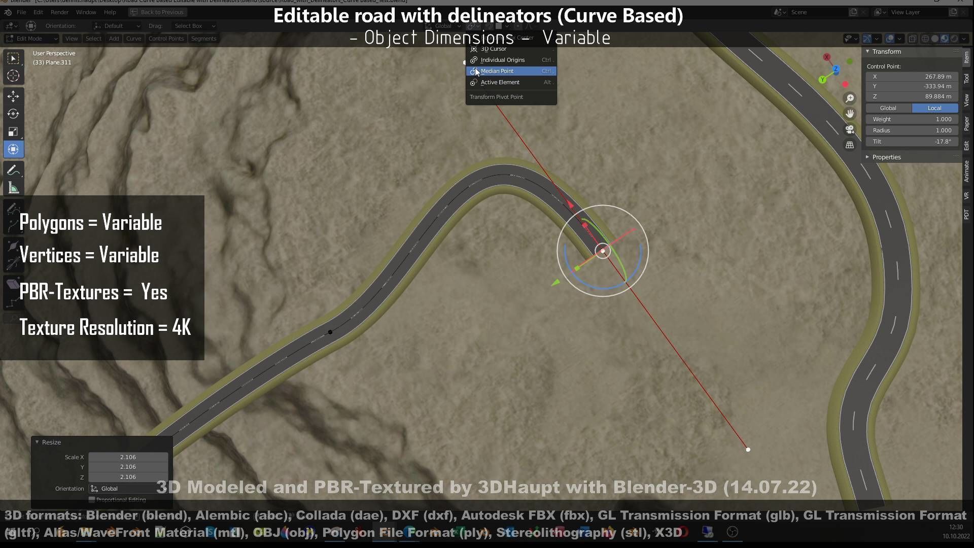 Editable Road with Delineators - Curve Based Low-poly 3D model_64