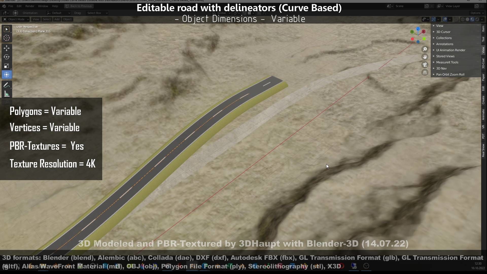Editable Road with Delineators - Curve Based Low-poly 3D model_142