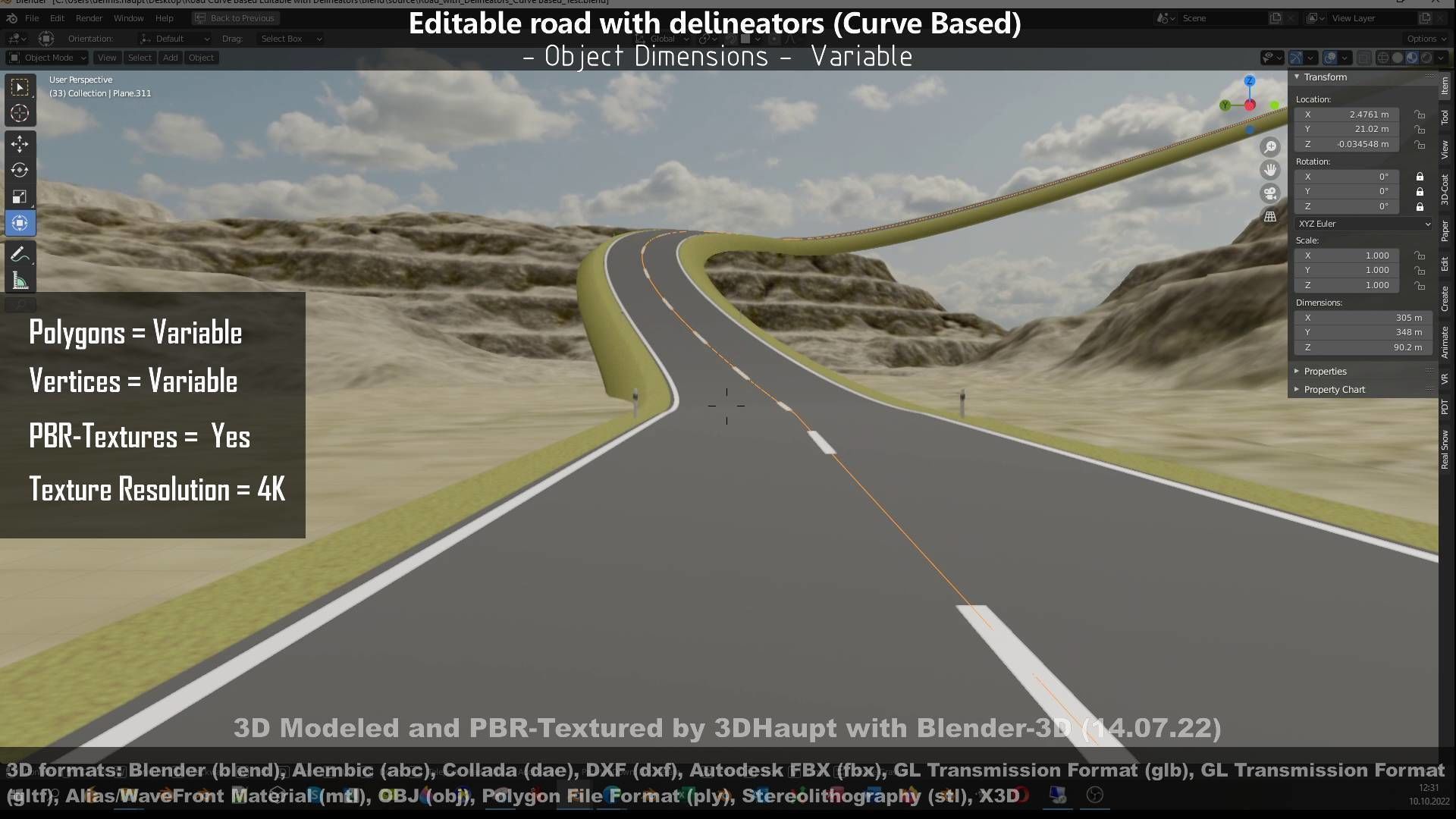 Editable Road with Delineators - Curve Based Low-poly 3D model_16