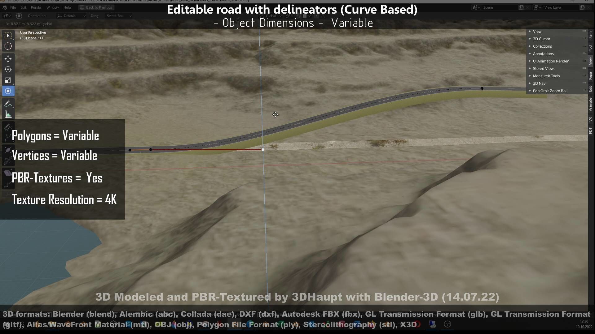 Editable Road with Delineators - Curve Based Low-poly 3D model_139