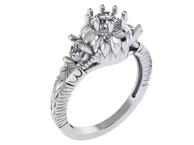 3-Stone Opened Flower ring 2707 3D print model 