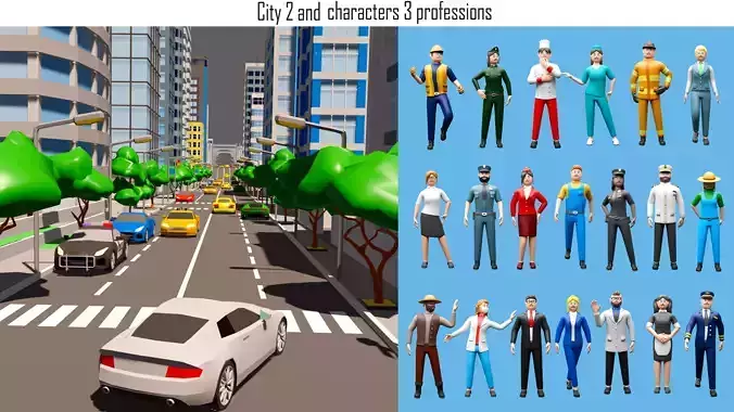 City 2 and cartoon character 3 professions 3D Model Collection