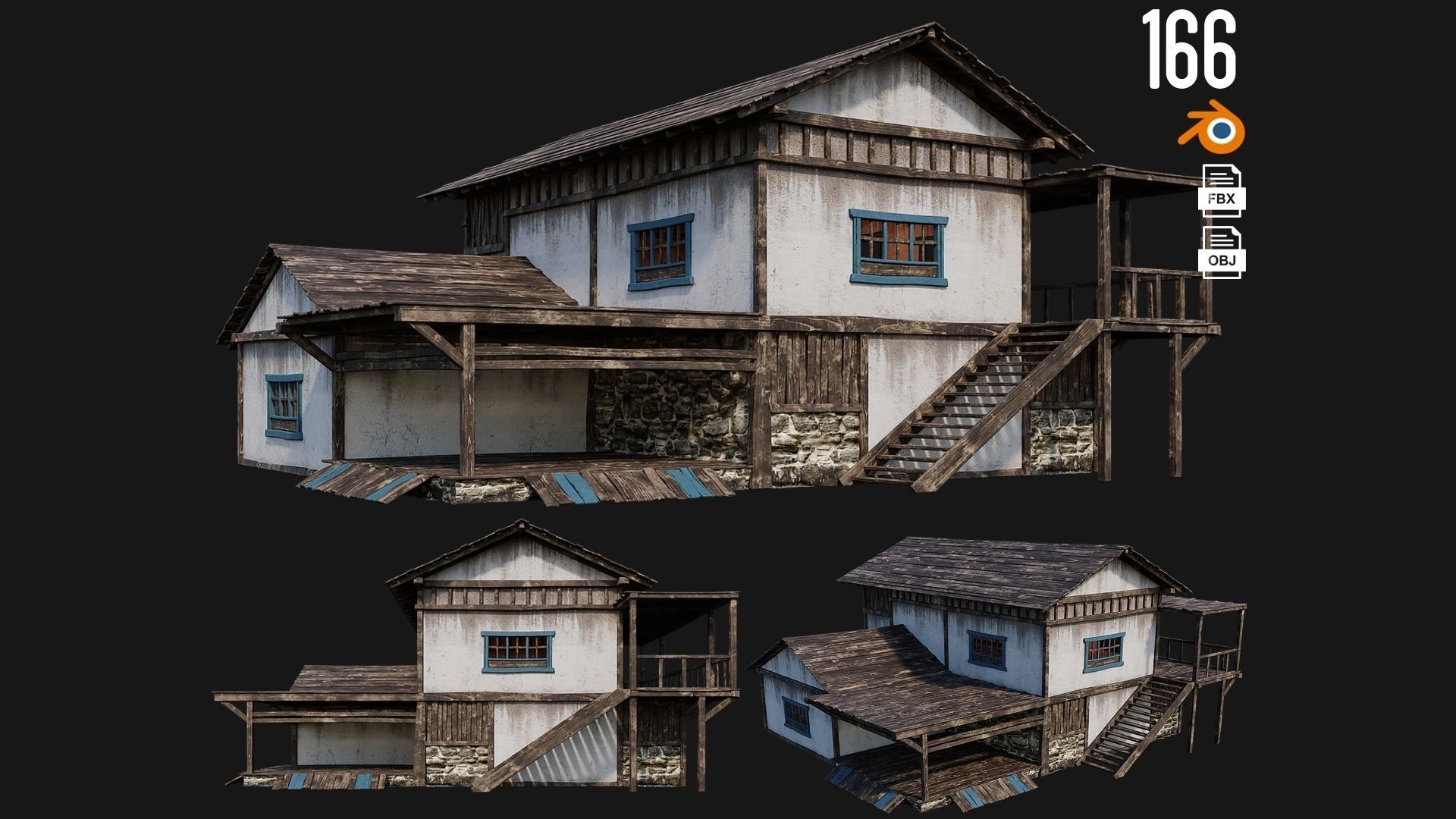 4 Old House Building Pack 4K Textures GameReady 165 to 168 Low-poly 3D model_2