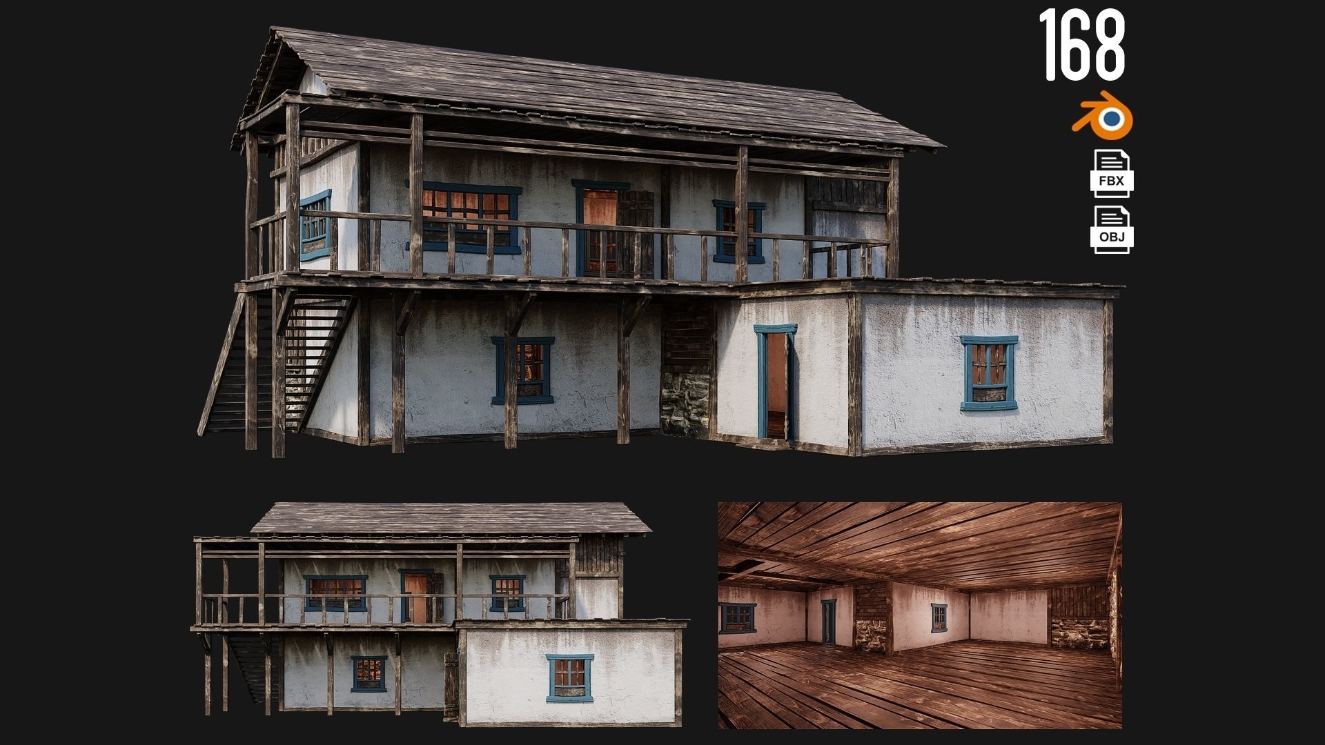 4 Old House Building Pack 4K Textures GameReady 165 to 168 Low-poly 3D model_4