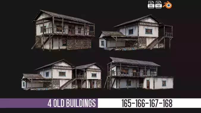 4 Old House Building Pack 4K Textures GameReady 165 to 168 Low-poly 3D model