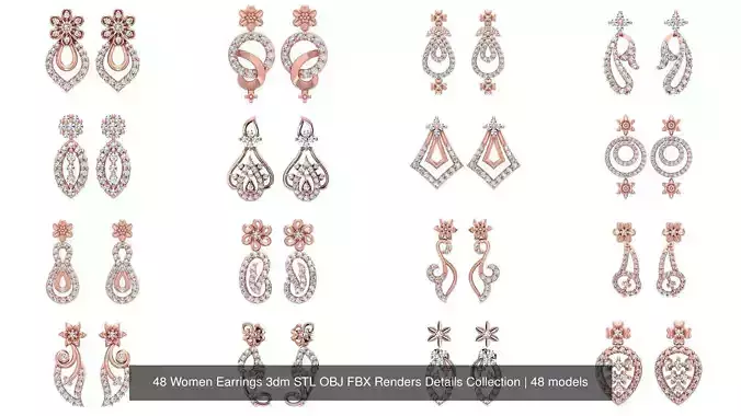 48 Women Earrings 3dm STL OBJ FBX Renders Details Collection 