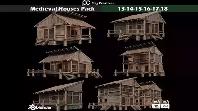 Medieval Houses Pack 13-14-15-16-17-18 - 4K Textures Game Ready Low-poly 3D model