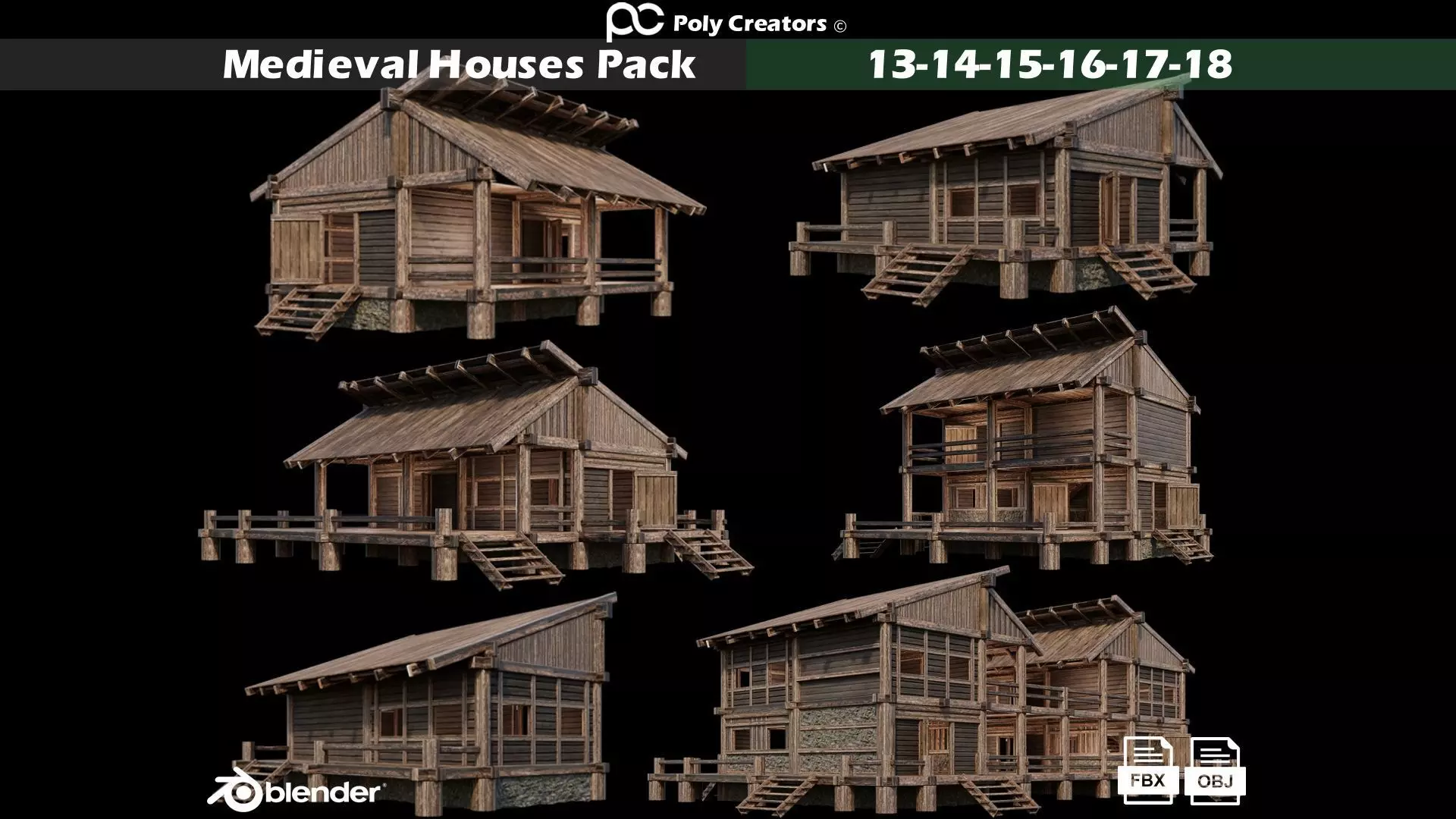 Medieval Houses Pack 13-14-15-16-17-18 - 4K Textures Game Ready Low-poly 3D model_0