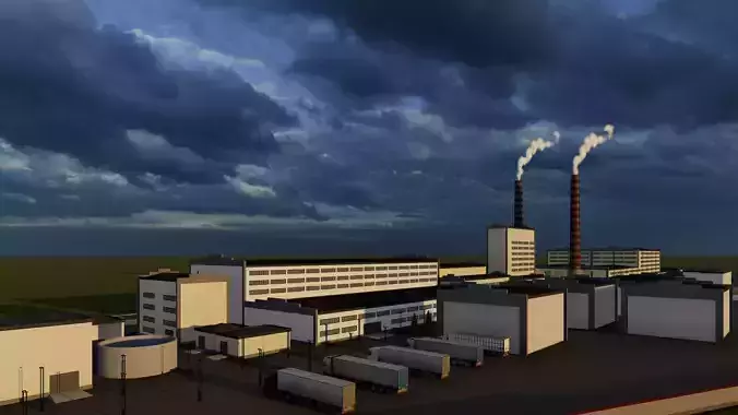 indutrials factory with smokestacks under cloudy sky