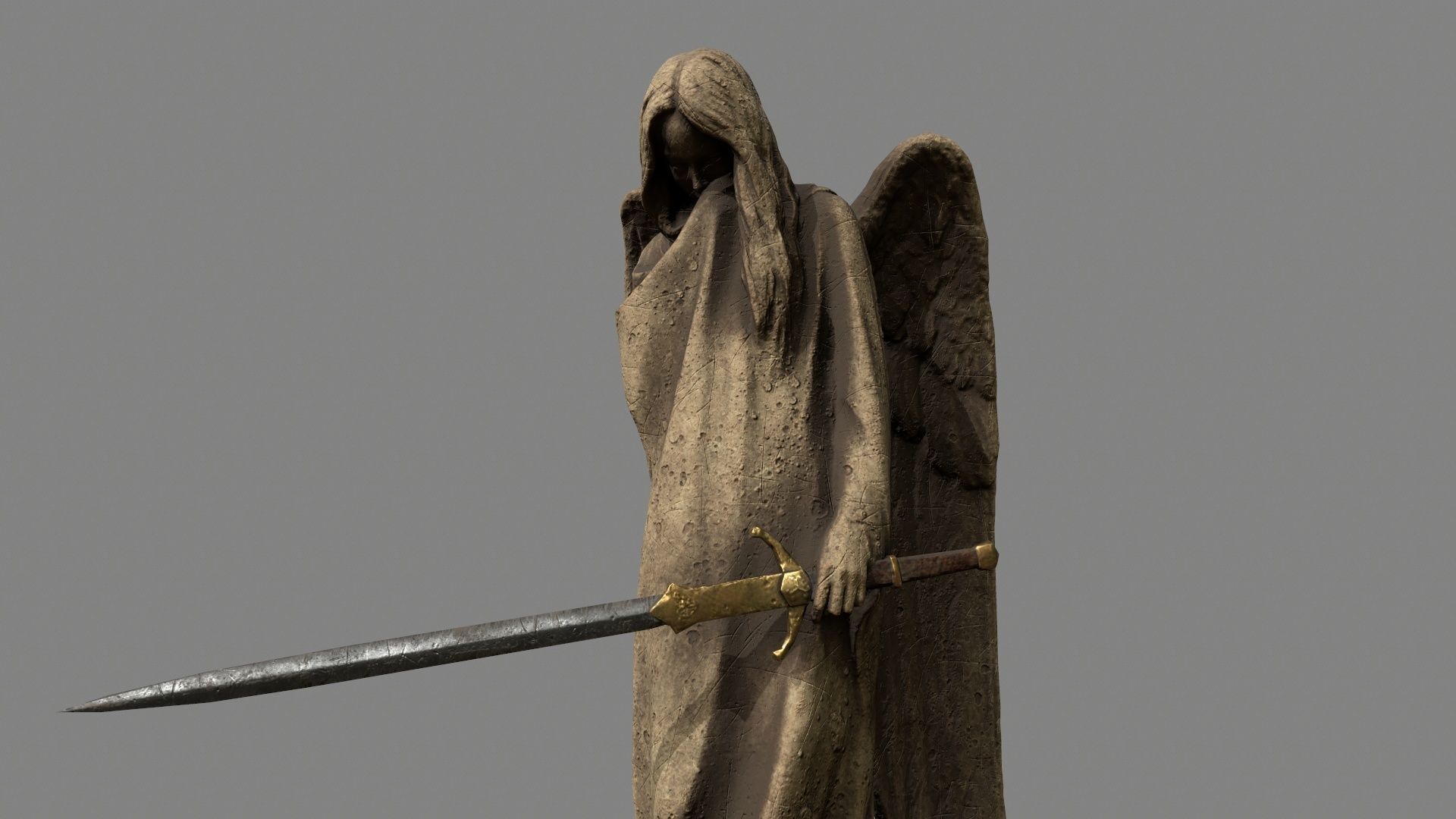 Angel statue of holding sword Low-poly 3D model_2