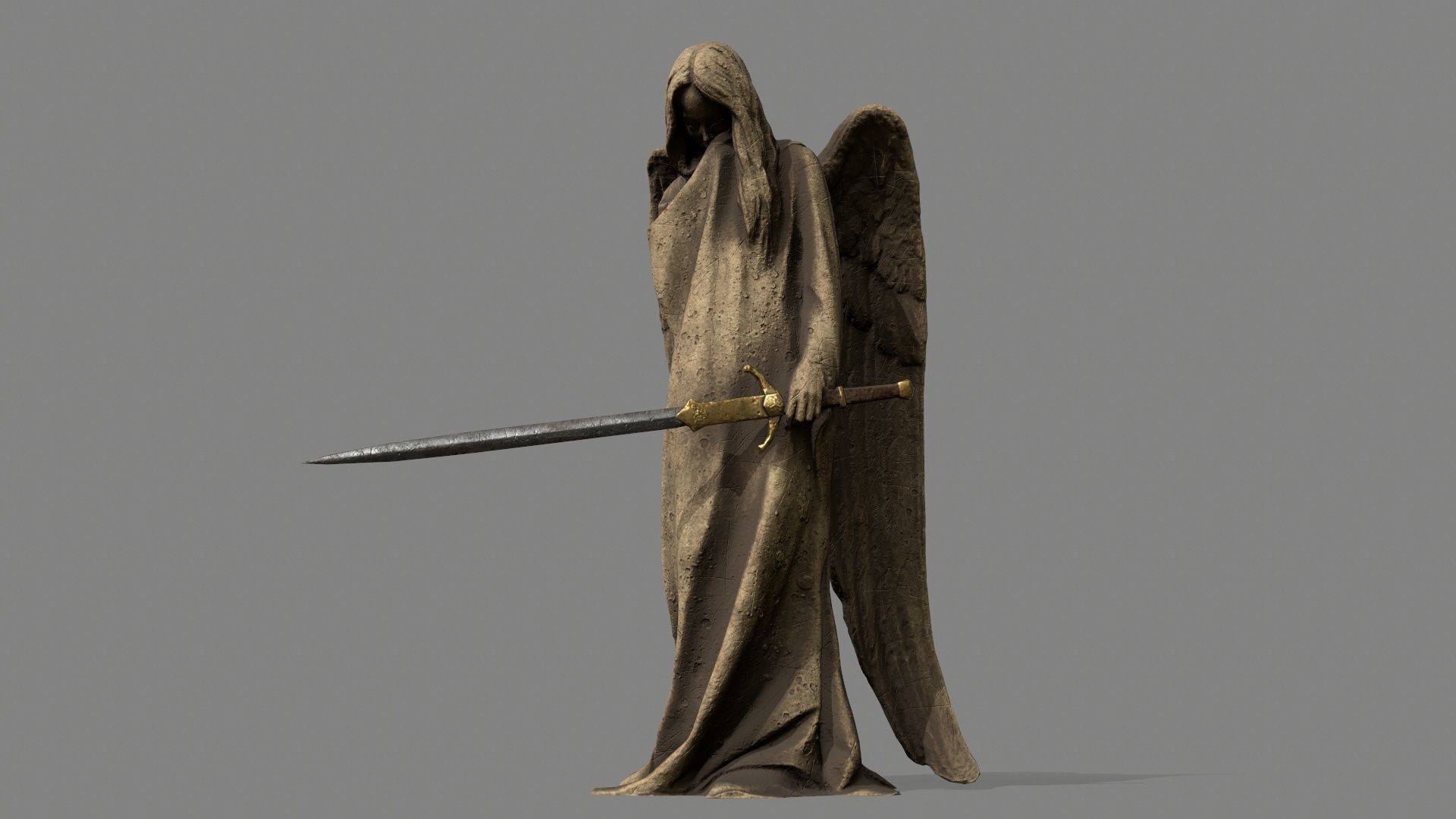Angel statue of holding sword Low-poly 3D model_1