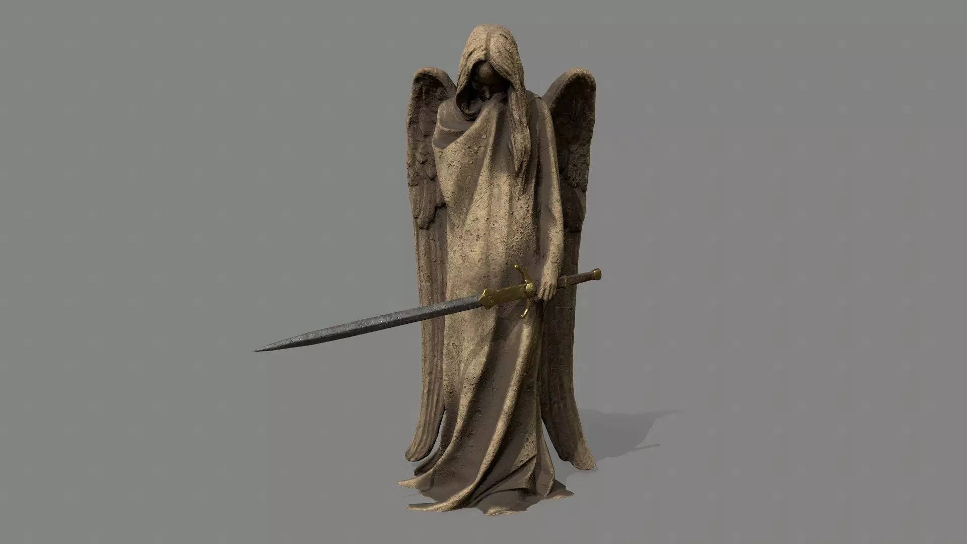 Angel statue of holding sword Low-poly 3D model_0