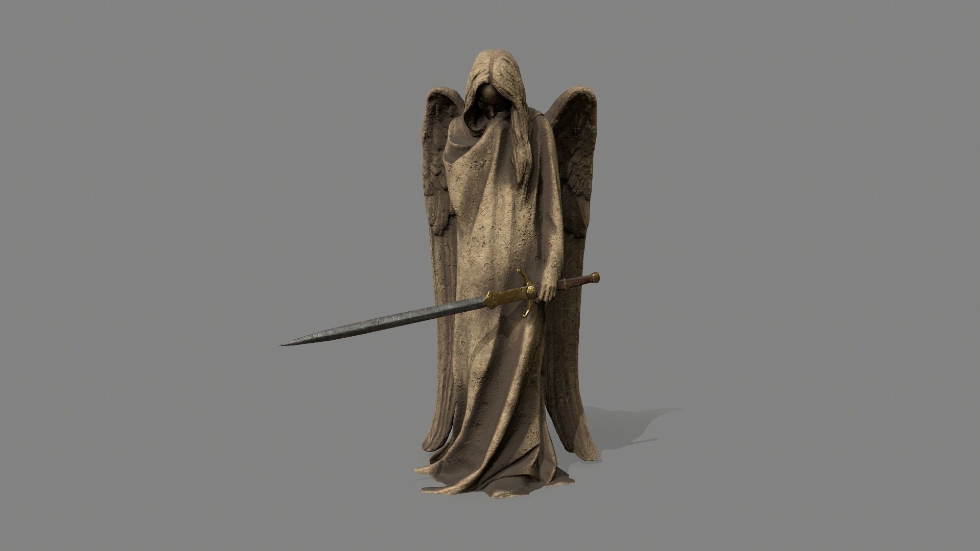 Angel statue of holding sword Low-poly 3D model_10