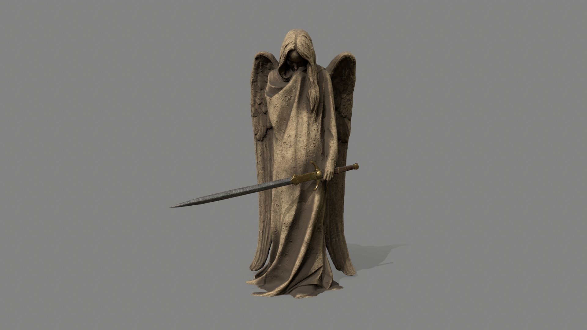 Angel statue of holding sword Low-poly 3D model_3