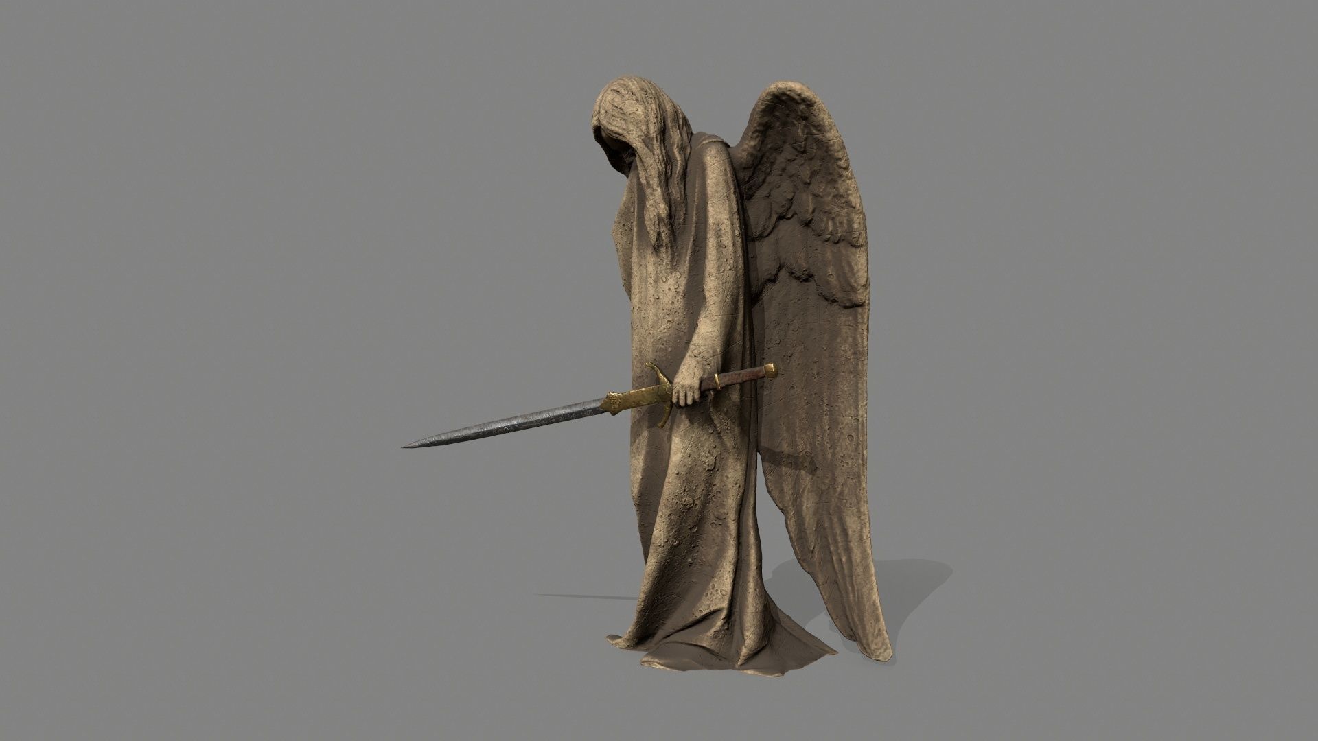 Angel statue of holding sword Low-poly 3D model_9