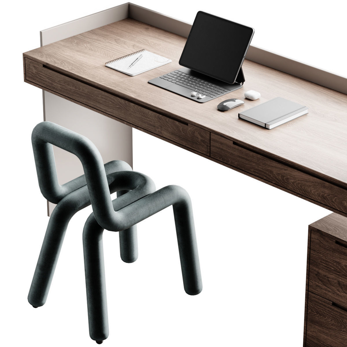 Workplace 3 desk with chair and laptop 3D model_1
