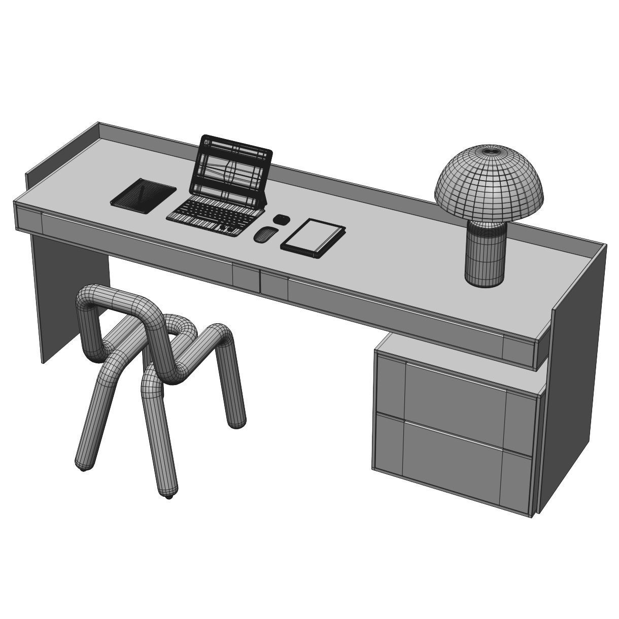 Workplace 3 desk with chair and laptop 3D model_5