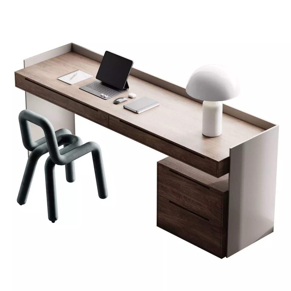 Workplace 3 desk with chair and laptop 3D model_0