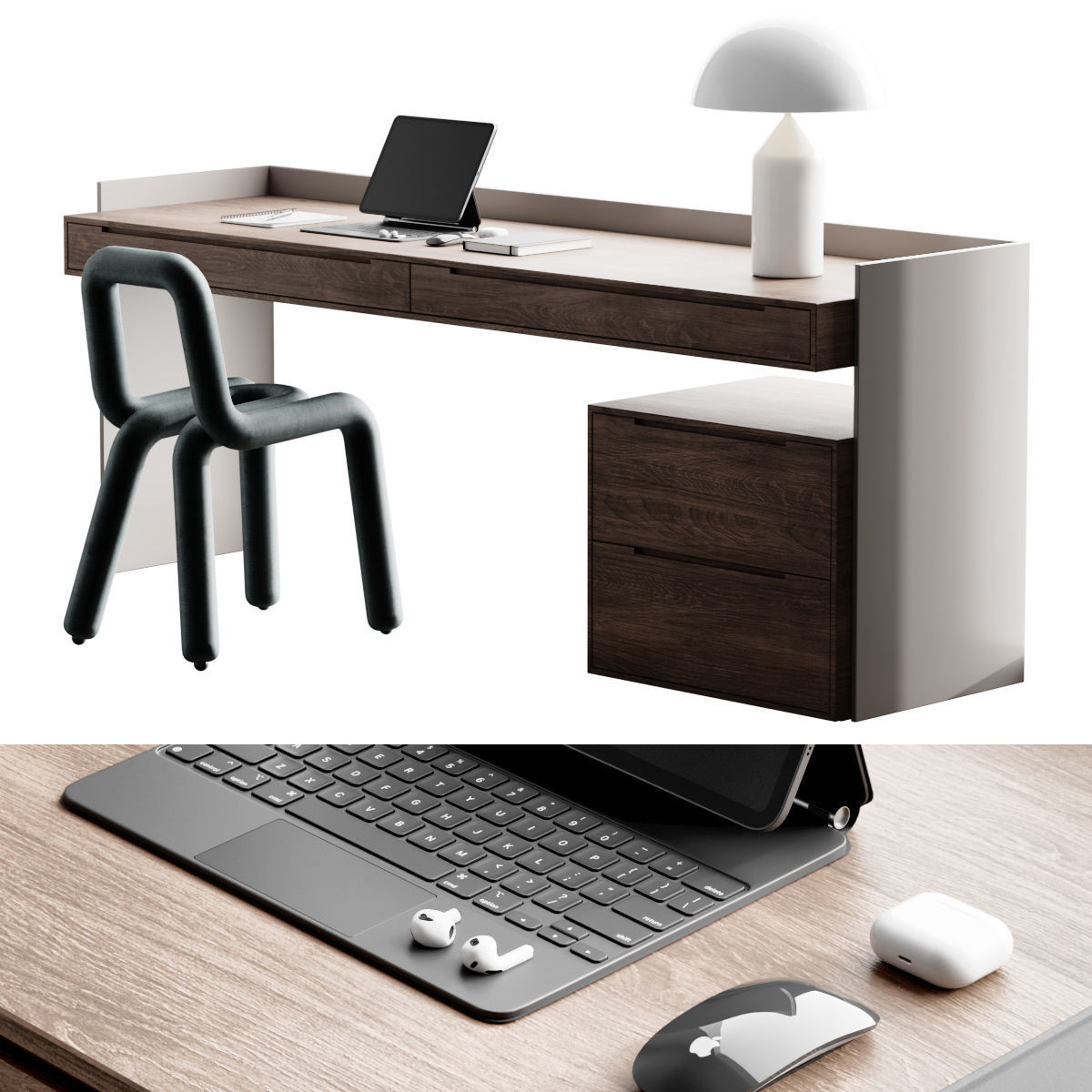 Workplace 3 desk with chair and laptop 3D model_4