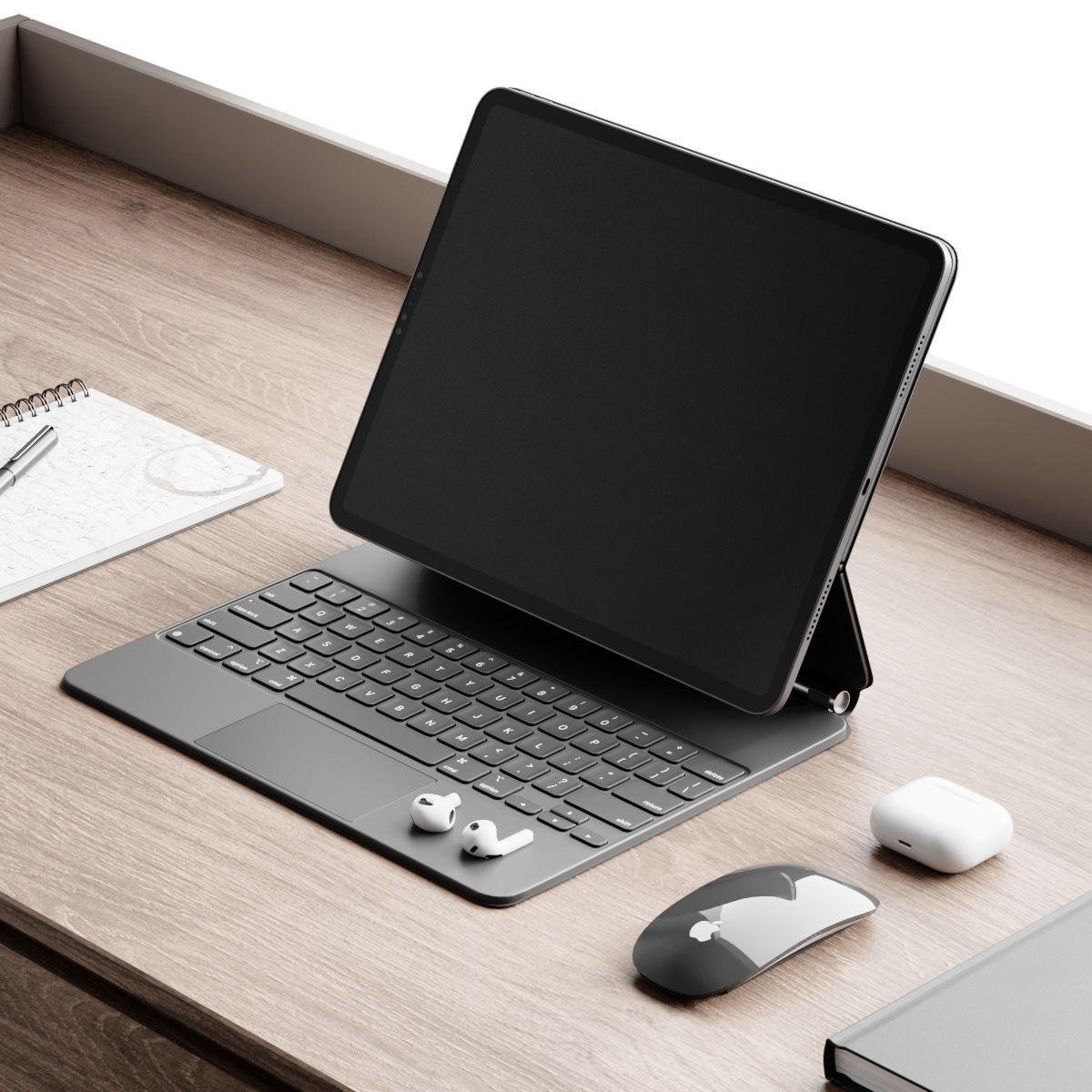 Workplace 3 desk with chair and laptop 3D model_3