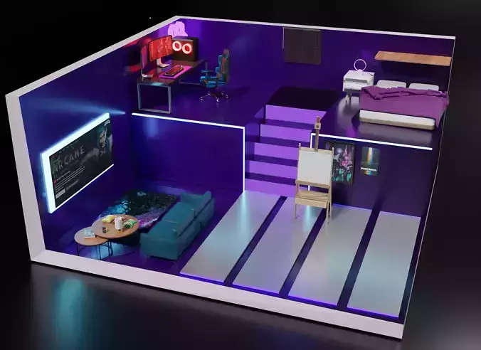 Isometric Neon Gaming Room 3d Model Low-poly 3D model