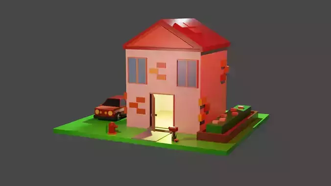 Simple but powerful low poly cube house with car Low-poly 3D model