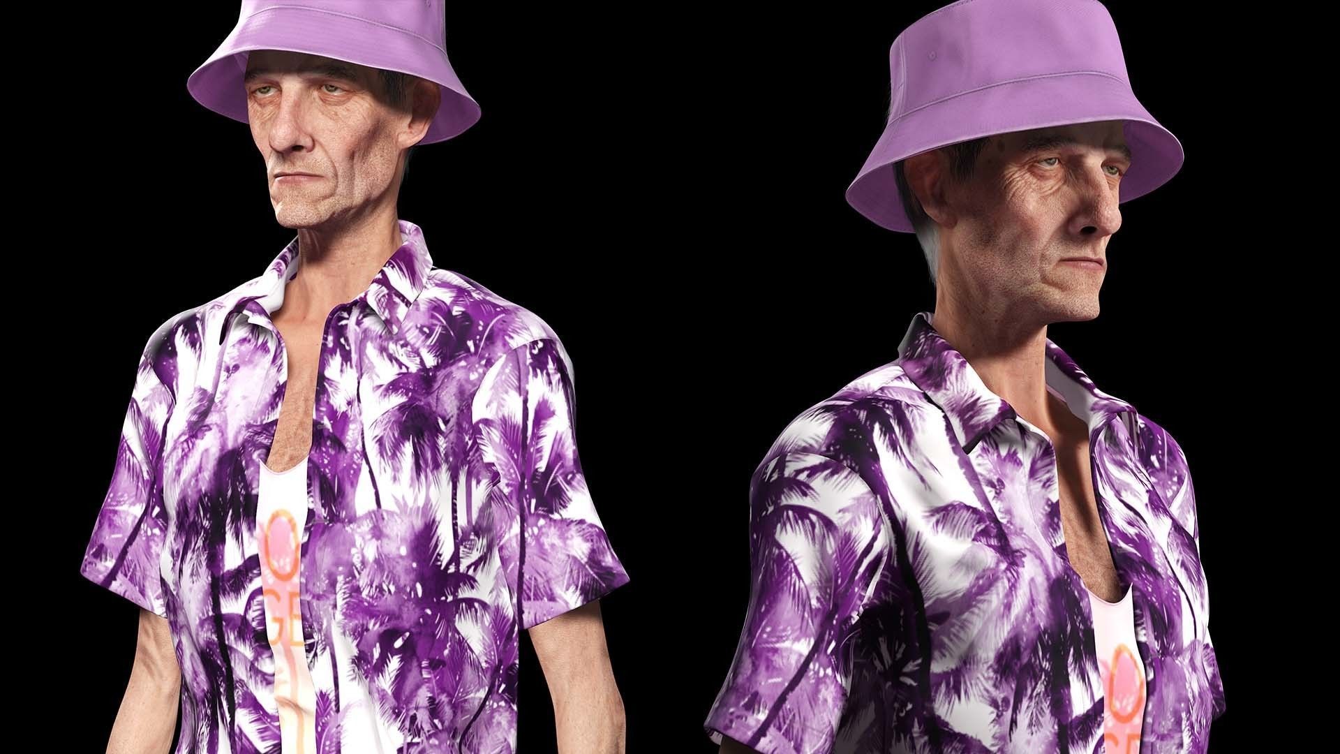 Old Man Tourist naked and clothed Low-poly 3D model_12