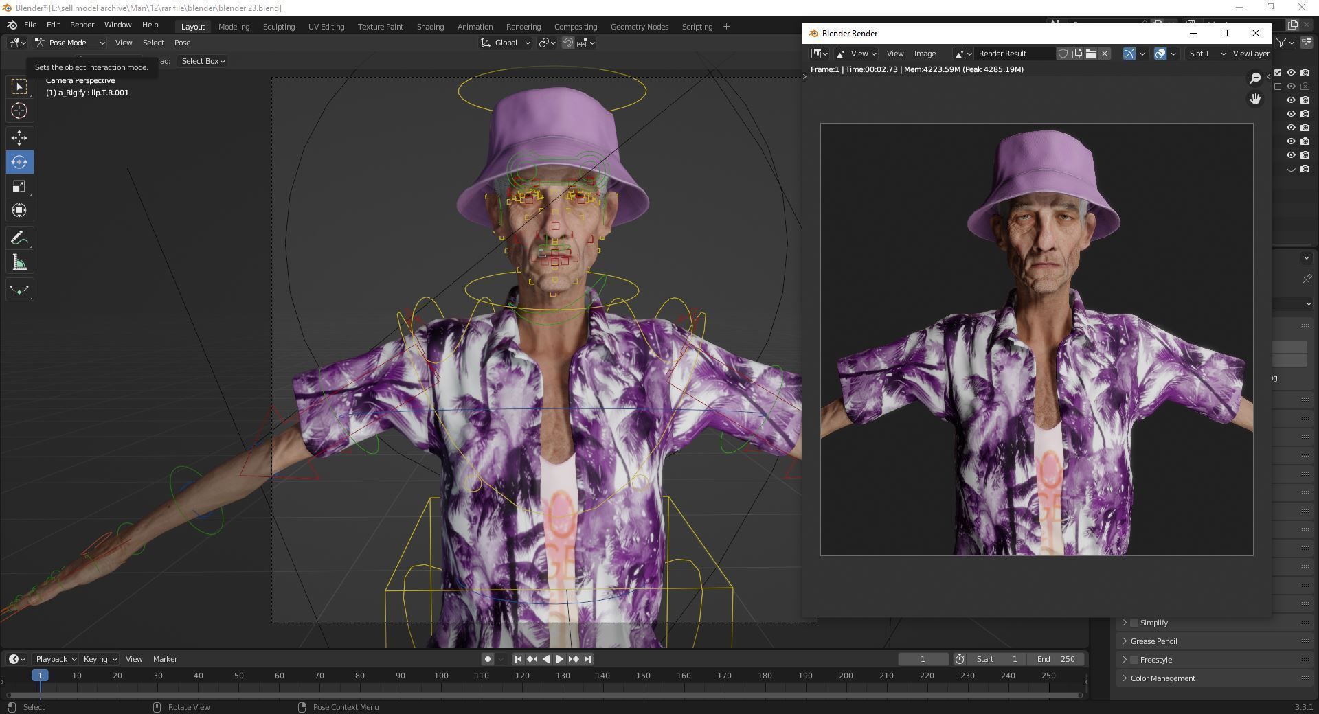 Old Man Tourist naked and clothed Low-poly 3D model_19