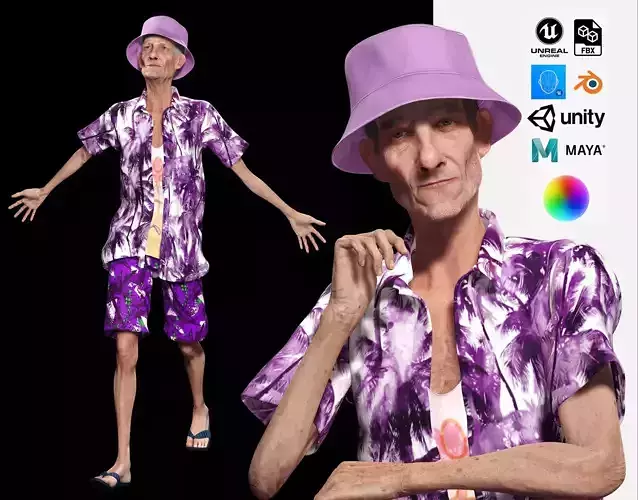 Old Man Tourist naked and clothed Low-poly 3D model