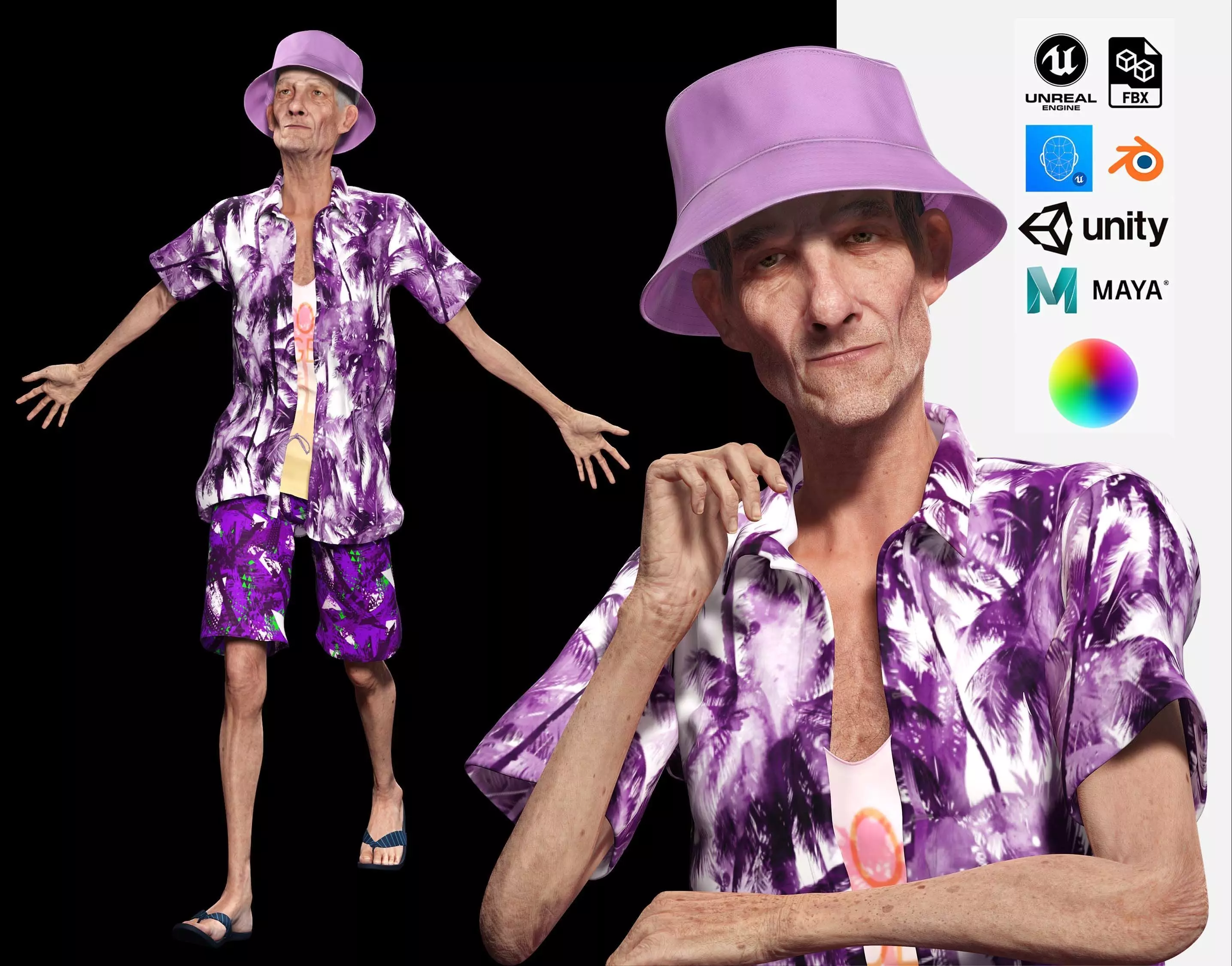 Old Man Tourist naked and clothed Low-poly 3D model_0