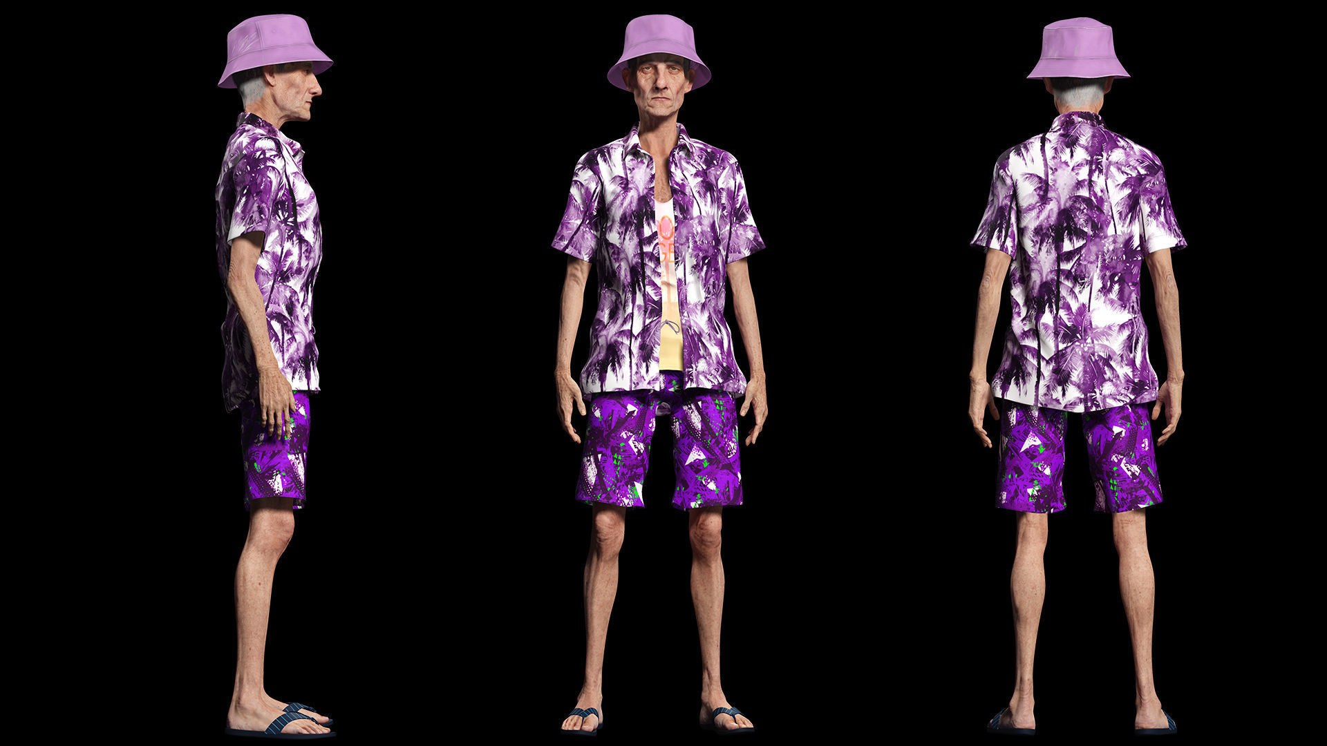 Old Man Tourist naked and clothed Low-poly 3D model_1