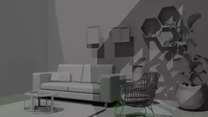 Room model 3d living with furniture and plants
