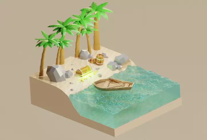 Island with palm trees and boat 3D model_0