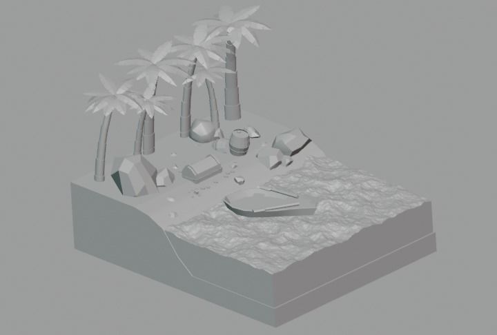 Island with palm trees and boat 3D model_1