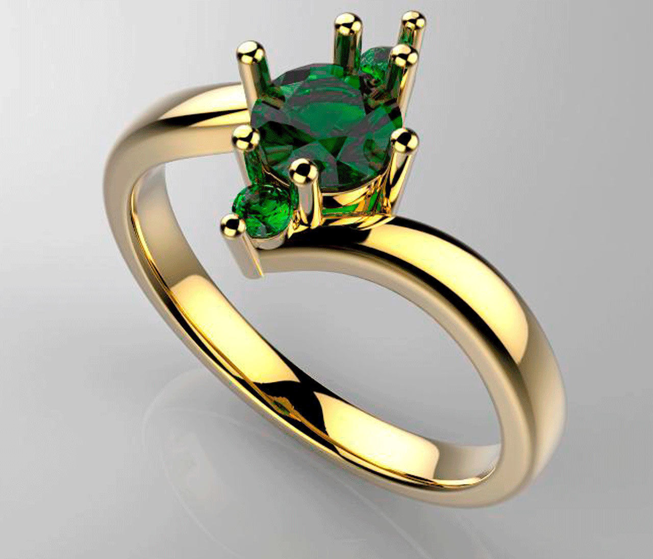 trinity gold engagement ring with emerald stone 3D print model_2
