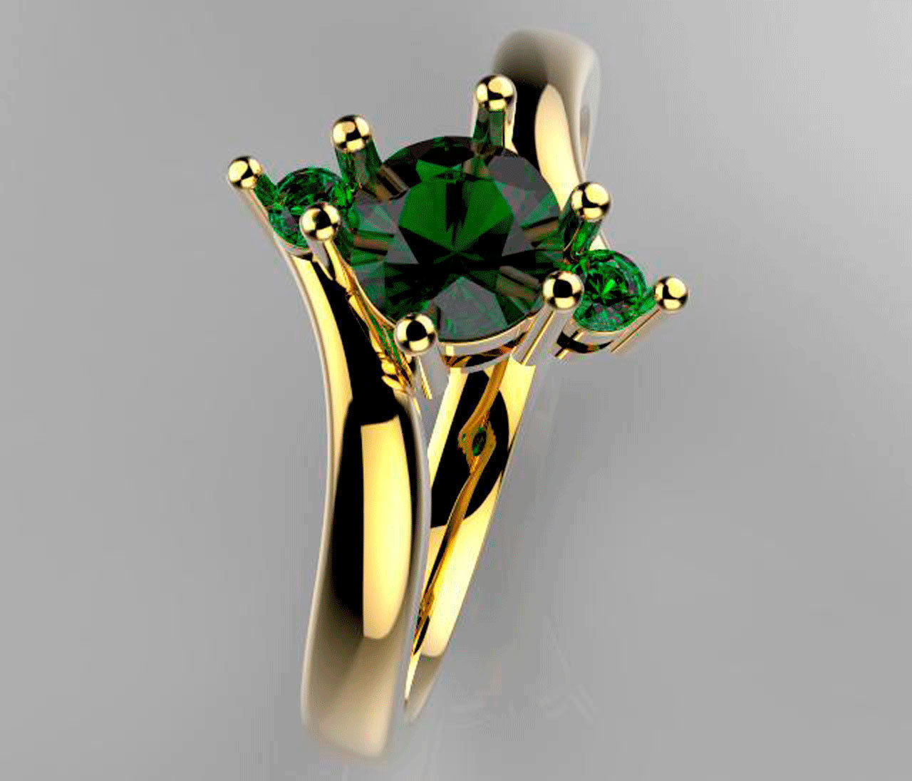 trinity gold engagement ring with emerald stone 3D print model_1