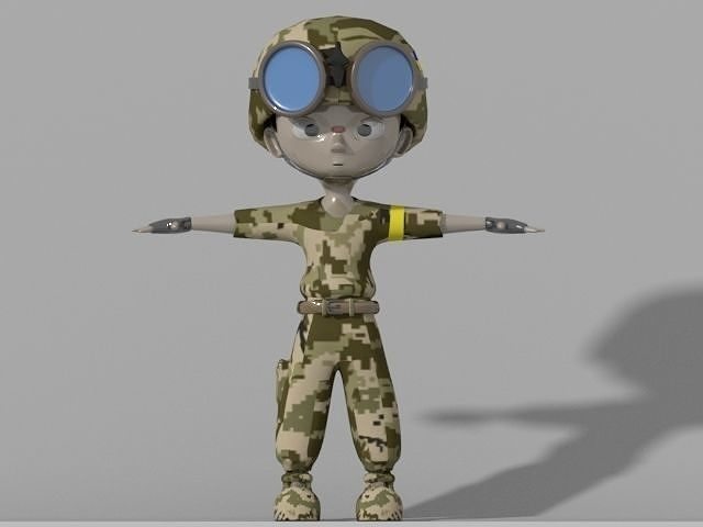 Ukrainian cartoon soldier in camouflage Low-poly 3D model