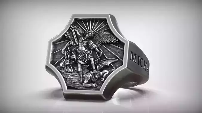 Archangel Michael Defeating Satan Basrelief Men Ring 3D print model