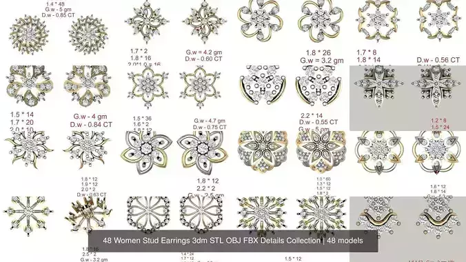 48 Women Stud Earrings 3dm STL OBJ FBX Details Collection 