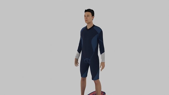 Surfer man in wetsuit on surfboard Low-poly 3D model