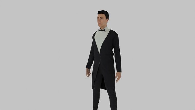 Butler man in tuxedo Low-poly 3D model