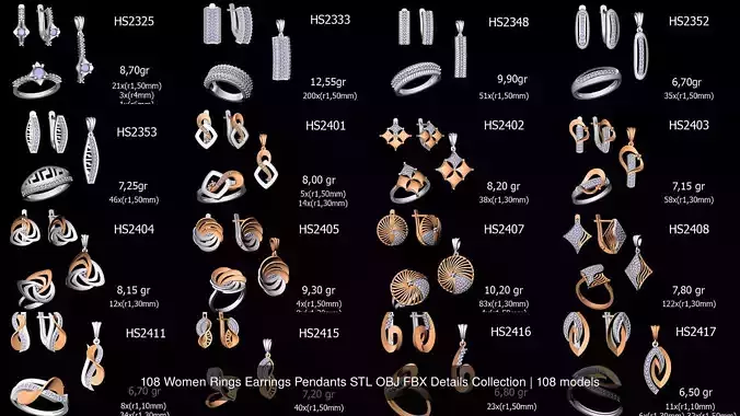 108 Women Rings Earrings Pendants STL OBJ FBX Details Collection