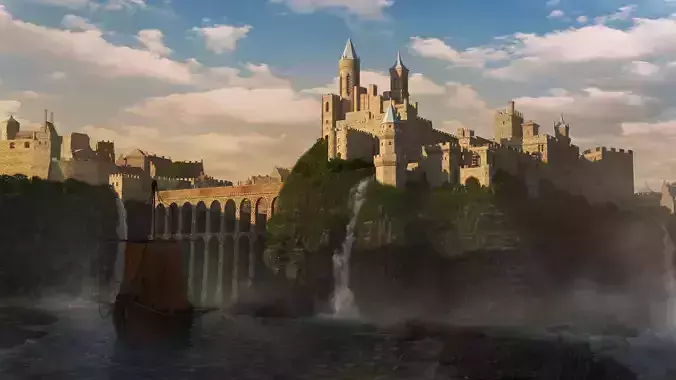 Castle in middle of waterfall Low-poly 3D model