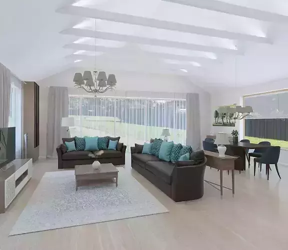 Spacious living room with high ceilings