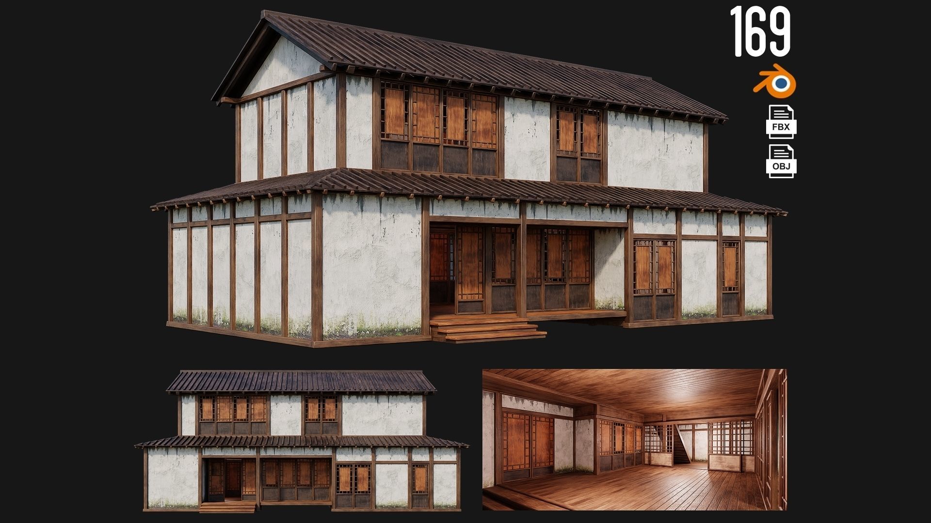4 Old Japanese Building Packs 4K Textures GameReady 169 to 172 Low-poly 3D model_1