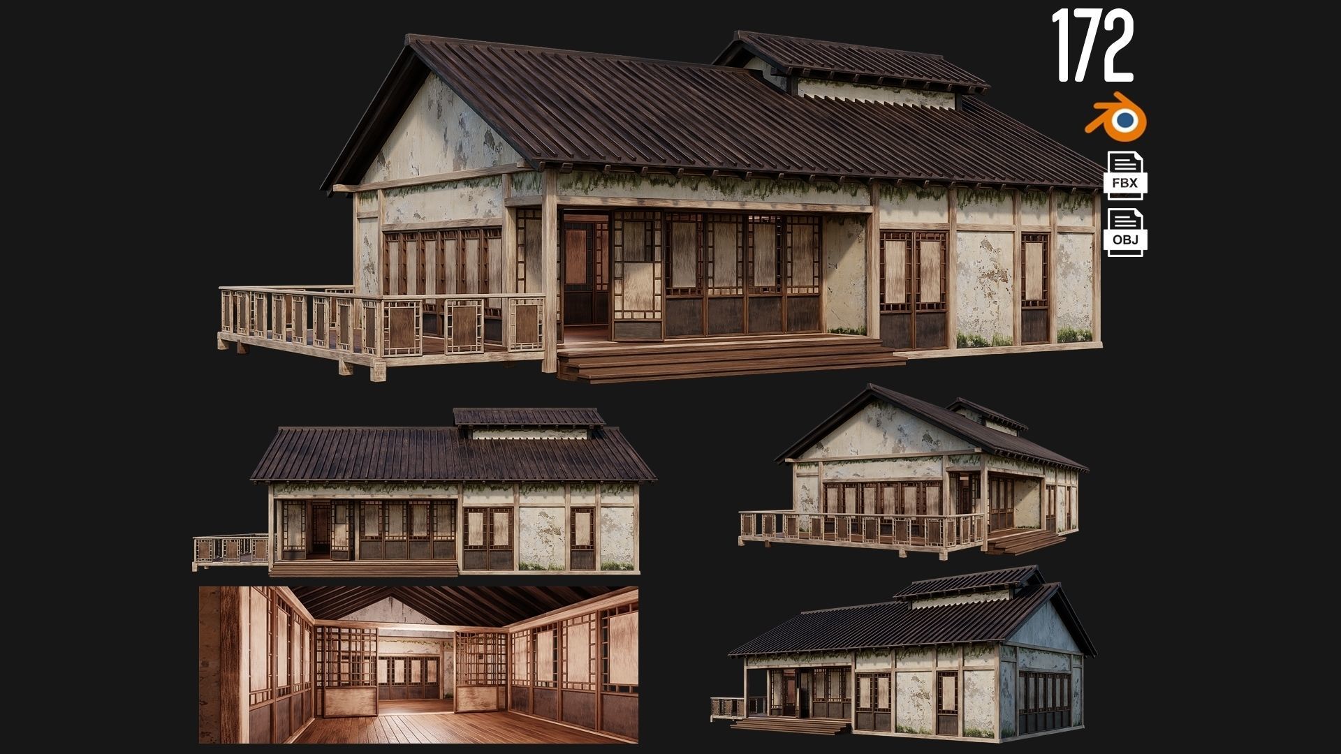 4 Old Japanese Building Packs 4K Textures GameReady 169 to 172 Low-poly 3D model_4