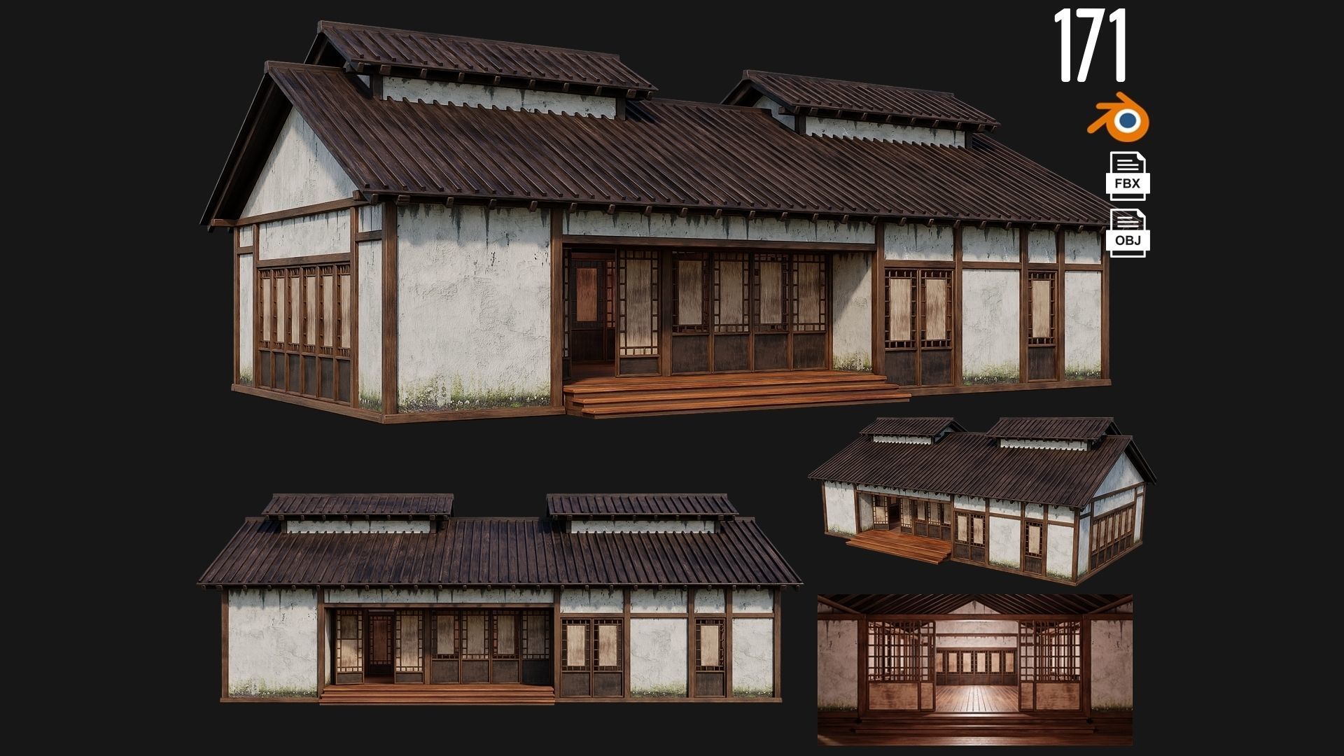 4 Old Japanese Building Packs 4K Textures GameReady 169 to 172 Low-poly 3D model_3