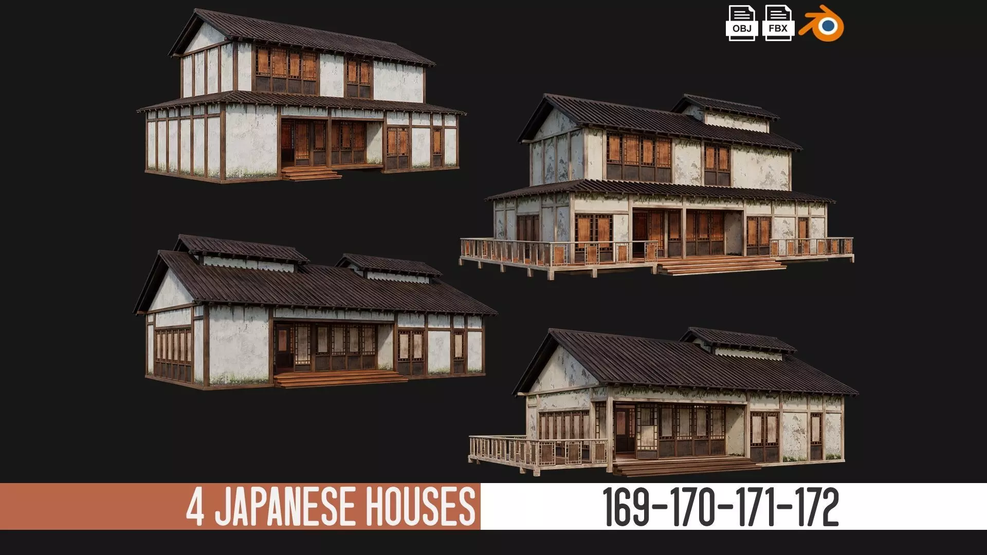 4 Old Japanese Building Packs 4K Textures GameReady 169 to 172 Low-poly 3D model_0